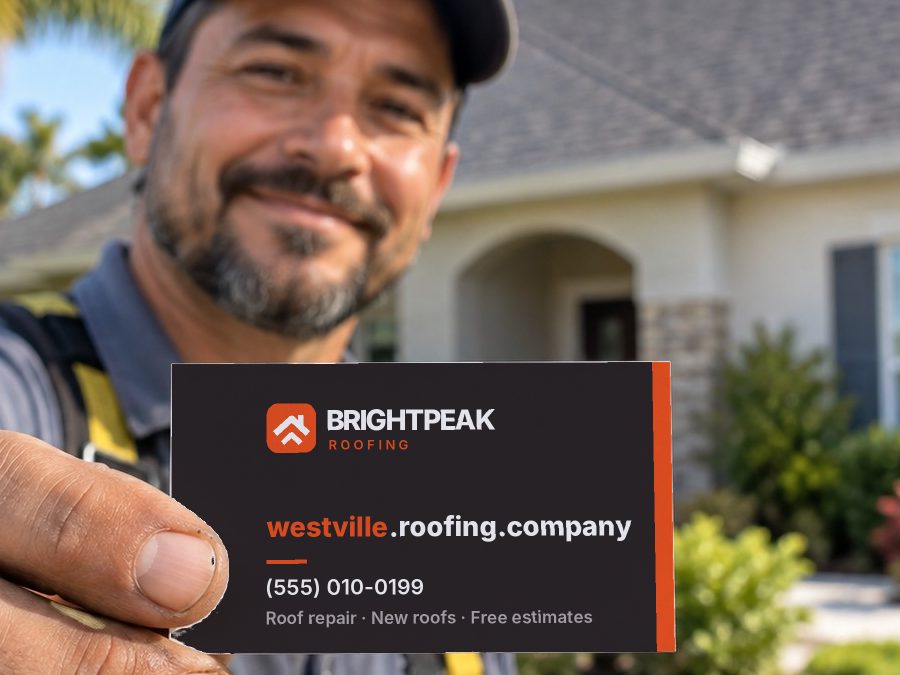 westville.roofing.company on a roofer's business card
