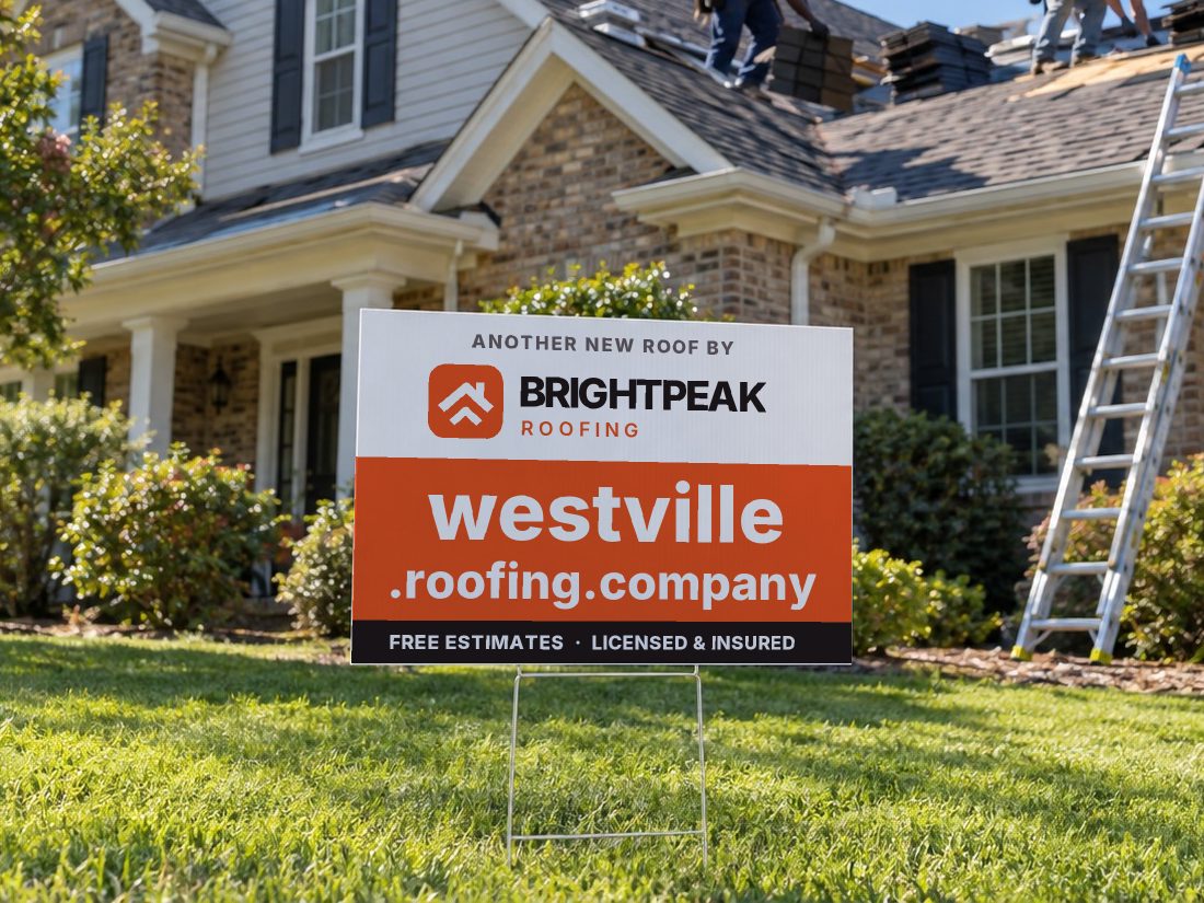 westville.roofing.company on a yard sign in front of a house getting a new roof