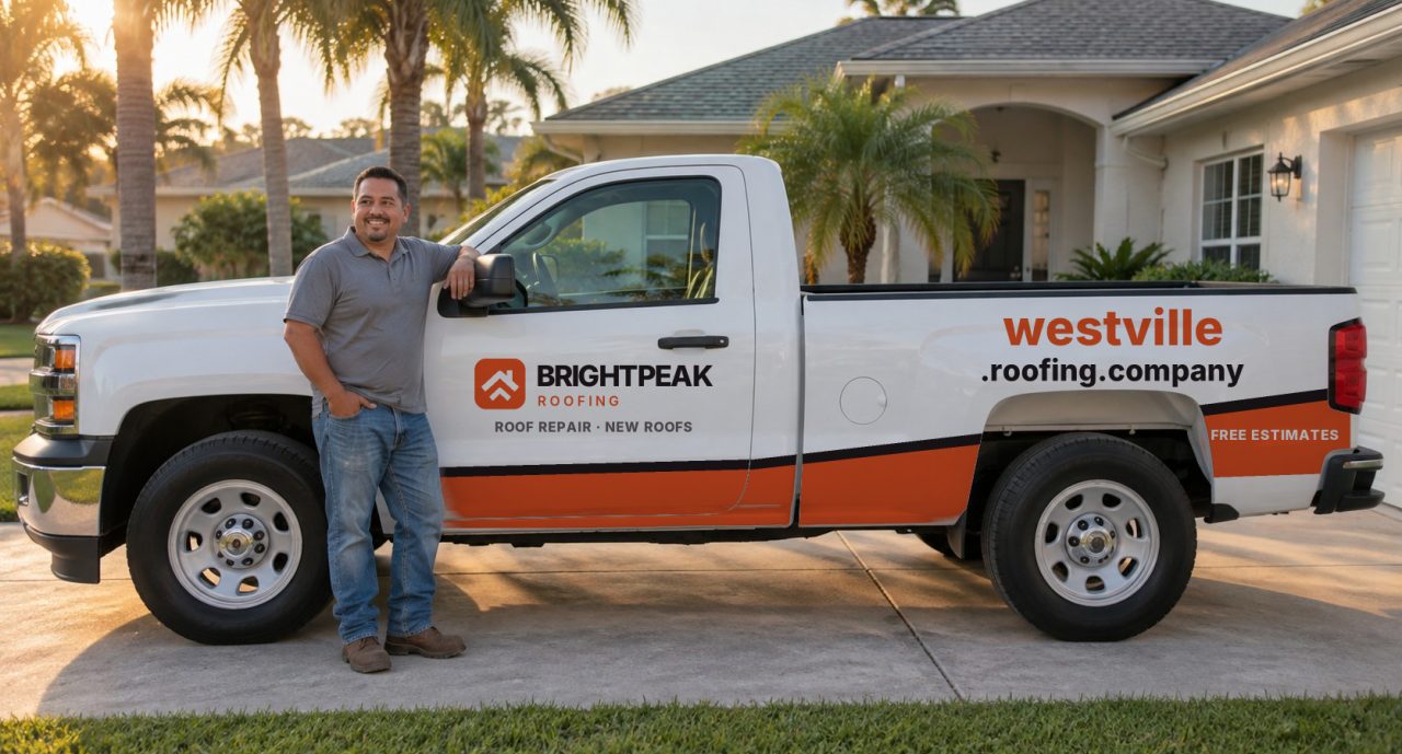 westville.roofing.company painted on the side of a white work truck