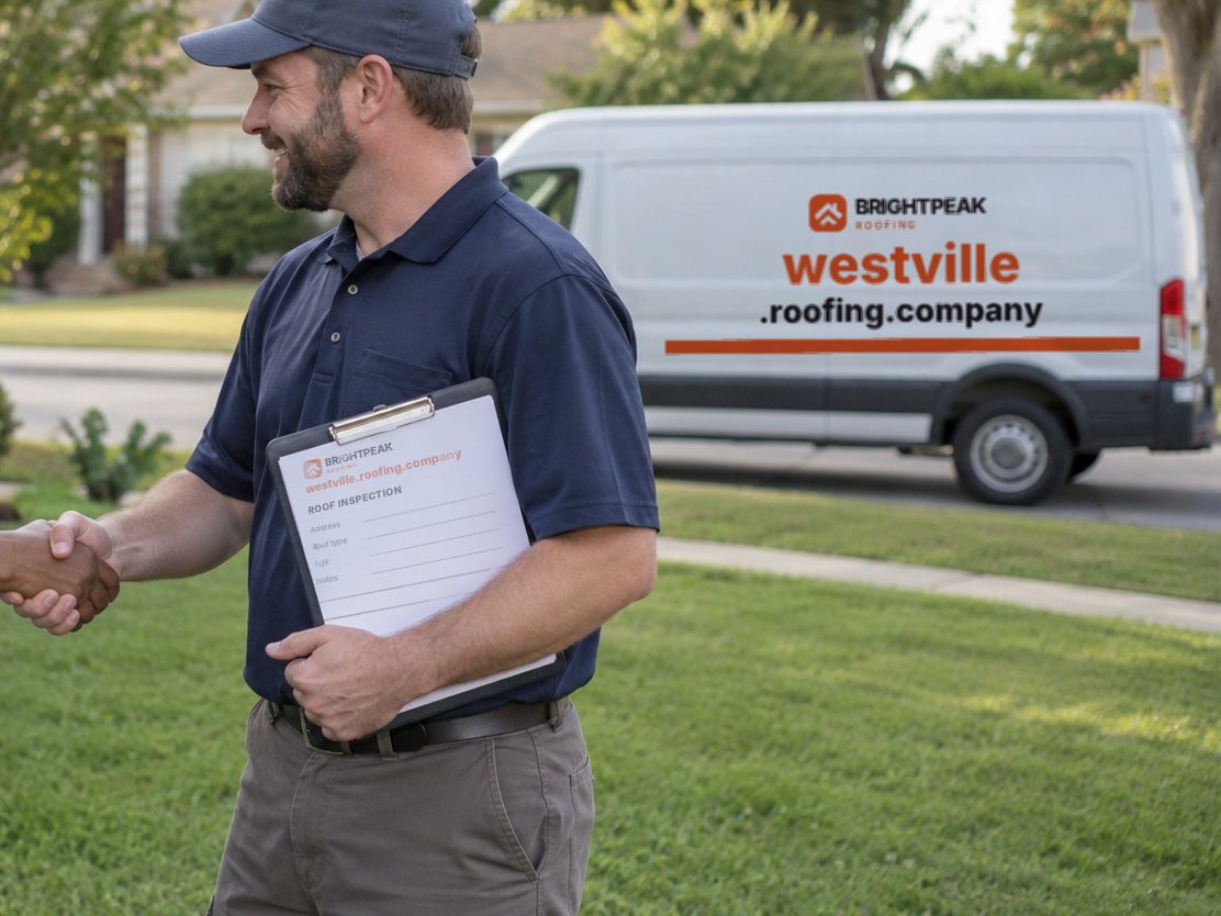 westville.roofing.company on a roofing van and an inspection form